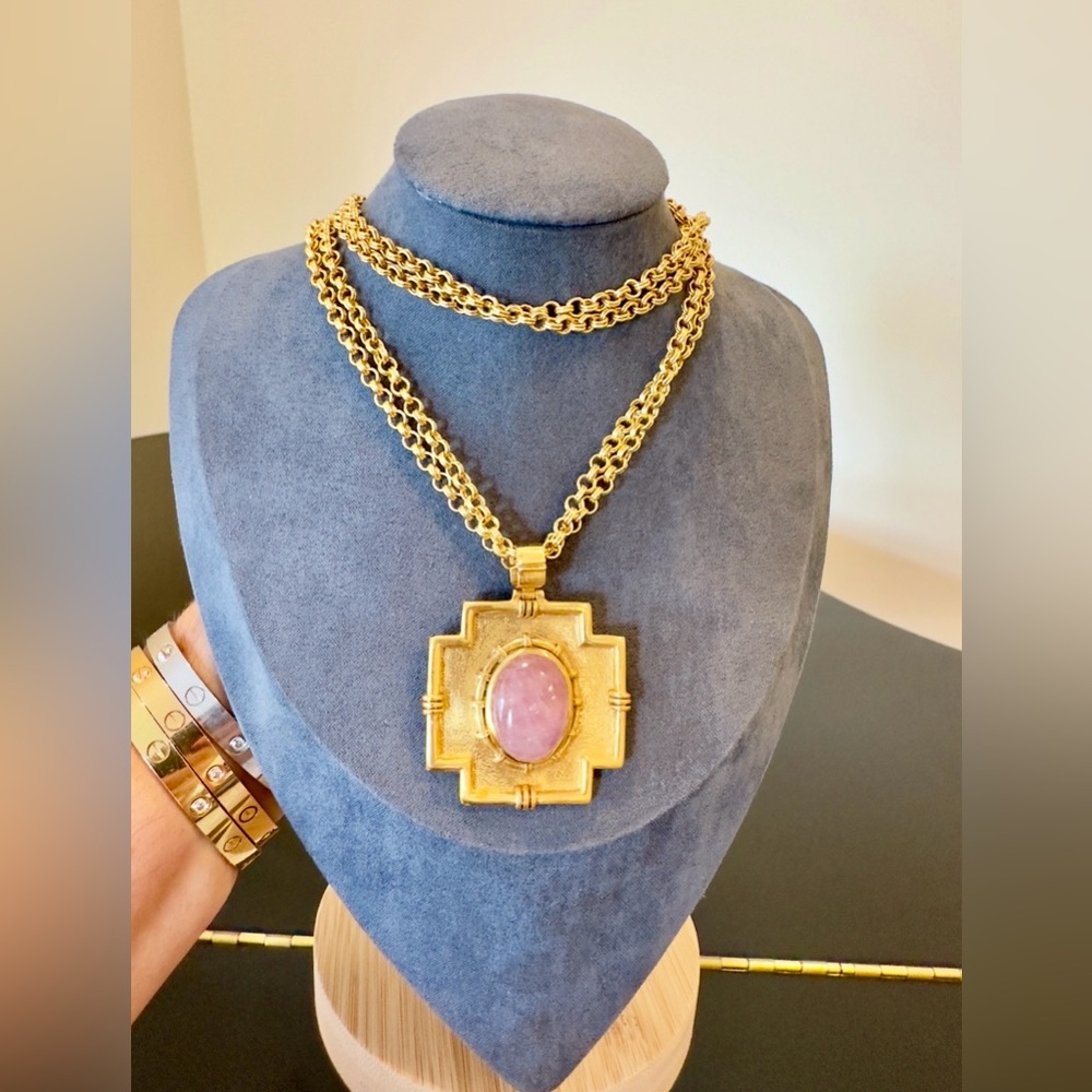 Vintage Authentic Luxury Bohemian RARE Julie Vos Rose Quartz Cross Necklace - Picture 4 of 17